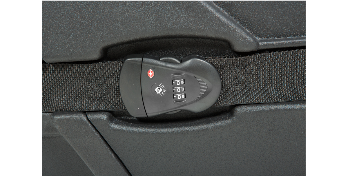 Close-up of TSA-approved combination lock on ATA Bass Case, ensuring secure and compliant air travel for instruments.