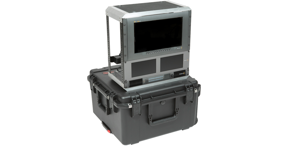 Side angle of 10U Shock Rack iSeries Fly Rack with electronics mounted, showcasing rugged build and travel-ready design.