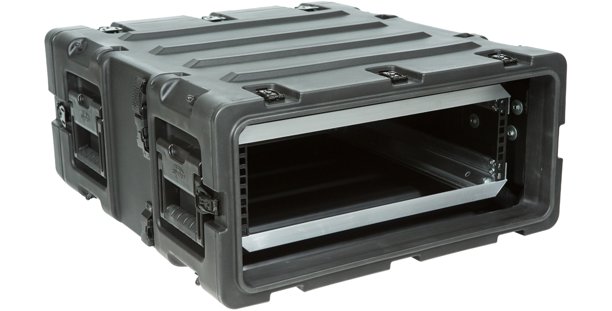 Open front angled view of 20 inch shockproof electronics rack, featuring high-strength aluminum chassis and rugged polymer shell.
