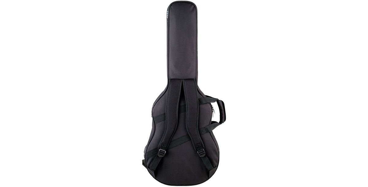 Back view of Thin-line Acoustic Guitar Soft Case featuring adjustable backpack straps and weather-resistant nylon exterior.