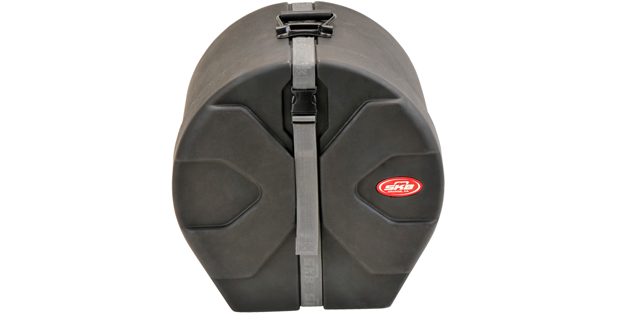 Roto-molded Tom Drum Case 14 x 16 with durable shell and secure strap, ideal for upright storage and transport of percussion instruments.
