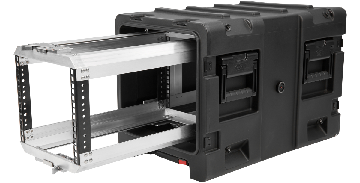 Close-up of SKB 20-inch Shock Rack Case with extended internal rack system, built for secure and portable gear housing.