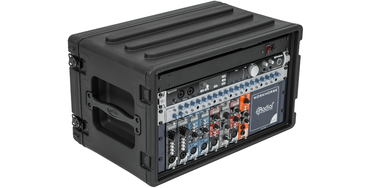Rear angled view of 6U Shallow Rack - Durable and Secure with mounted audio gear, highlighting its stackable, portable, and protective design.