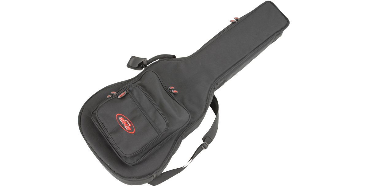 Acoustic Guitar Gig Bag - Durable Design | SKB Fit featuring front zippered compartments and shoulder strap for easy transport.