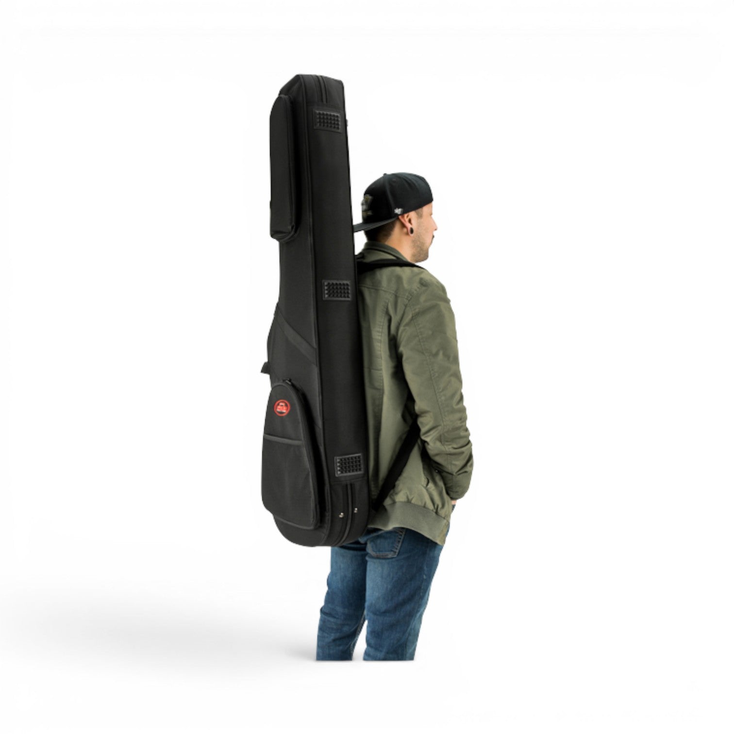 Man carrying Universal Electric Bass Soft Case on his back, demonstrating ergonomic backpack straps and portable design.
