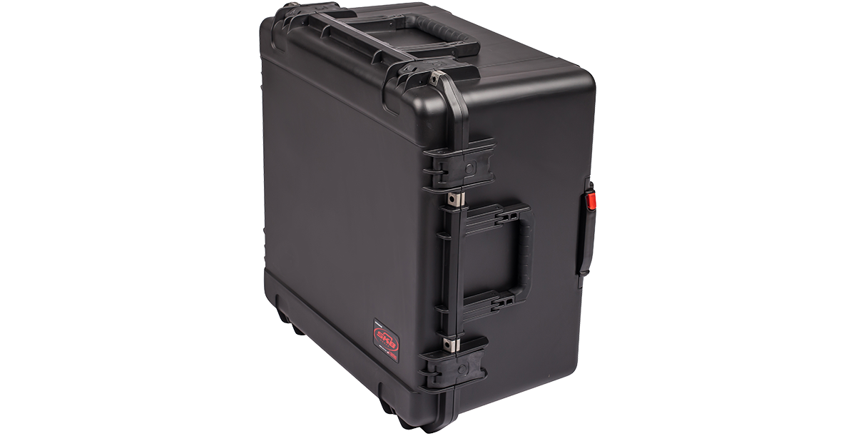 Angled rear view of iSeries Case - Waterproof and Impact Resistant with reinforced corners and side handle for easy mobility.