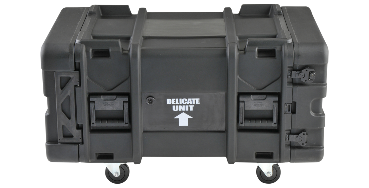 Closed 28-inch shock rack case labeled 'Delicate Unit' with rugged wheels and secure latches for safe equipment transport.