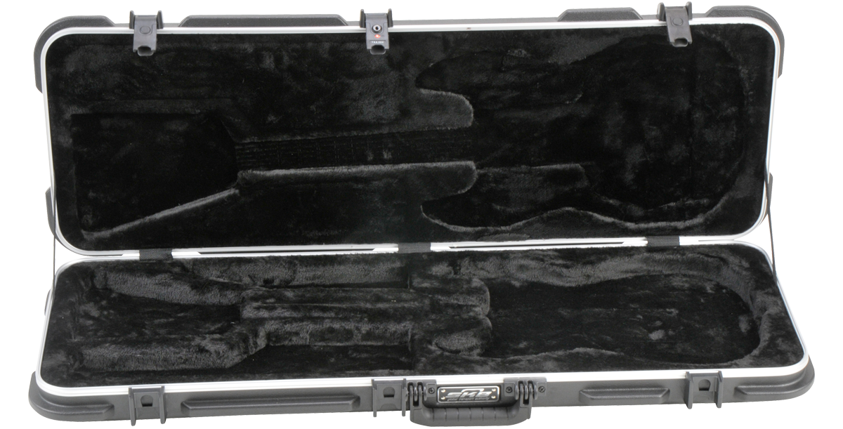 Universal fit electric guitar case with plush black interior, molded to fit Strat and Tele guitars securely with locking latches for protection.