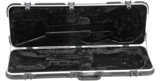Universal fit electric guitar case with plush black interior, molded to fit Strat and Tele guitars securely with locking latches for protection.