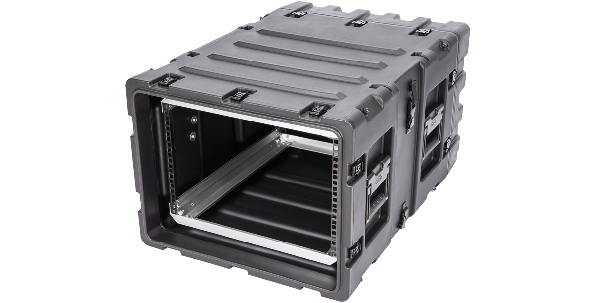 Side angle of 7U 24-inch Shock Rack - Secure Transport showing durable latches and molded handles for easy handling.