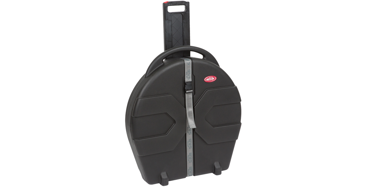 Rolling Cymbal Vault with extended pull handle and angled view, showcasing durable wheels and molded grip for easy mobility.