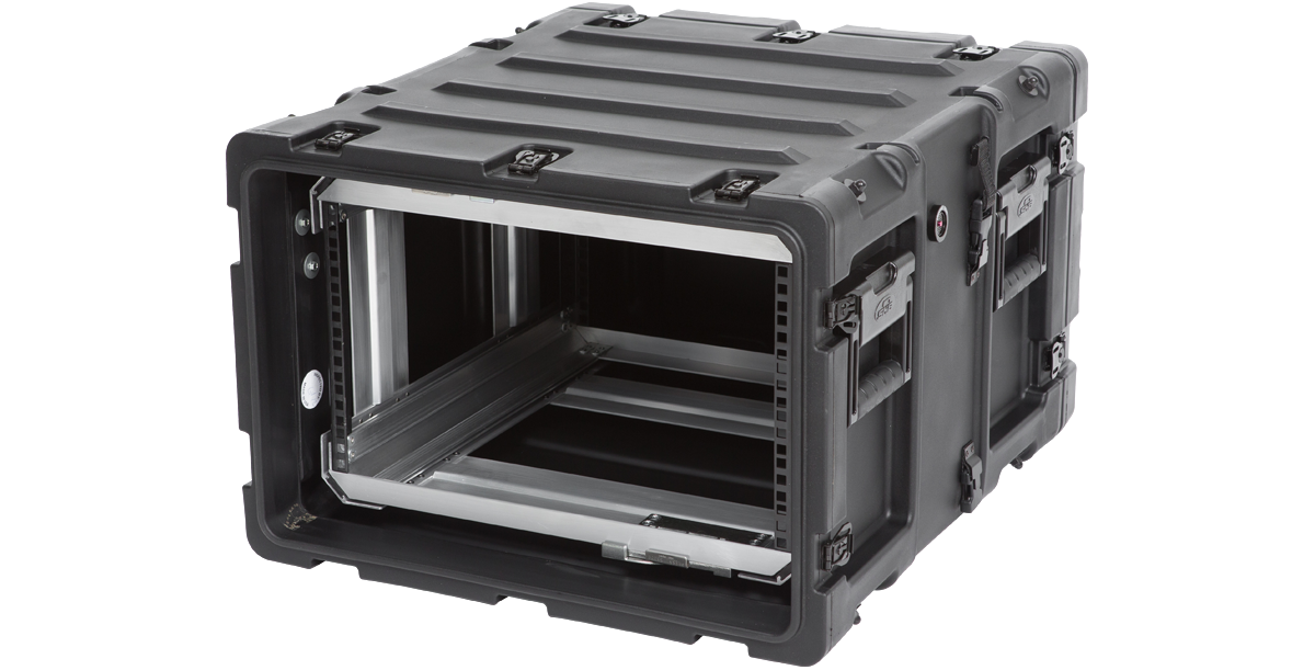 Angled front view of 6U RR Series Rack - 20-inch Deep Shock Rack with reinforced handles and shock-resistant design.