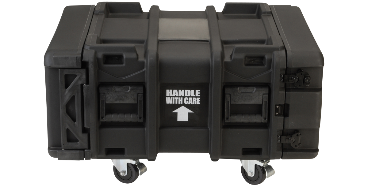Closed 24 inch shock rack with 'Handle With Care' label, showcasing durable roto design and secure latches for safe equipment storage.