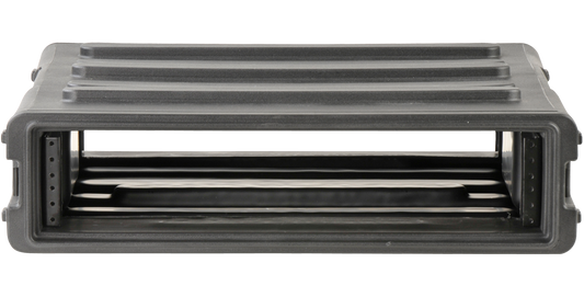 Front view of 2U SKB Standard Roto Rack with interlocking feature, showcasing durable roto-molded design and steel rails for secure mounting.