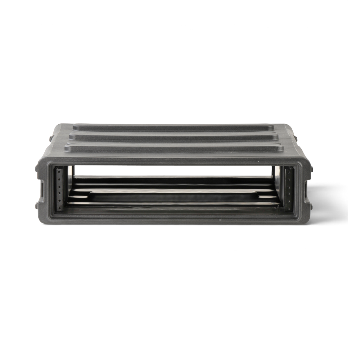 Front view of 2U SKB Standard Roto Rack with interlocking feature, showcasing durable roto-molded design and steel rails for secure mounting.