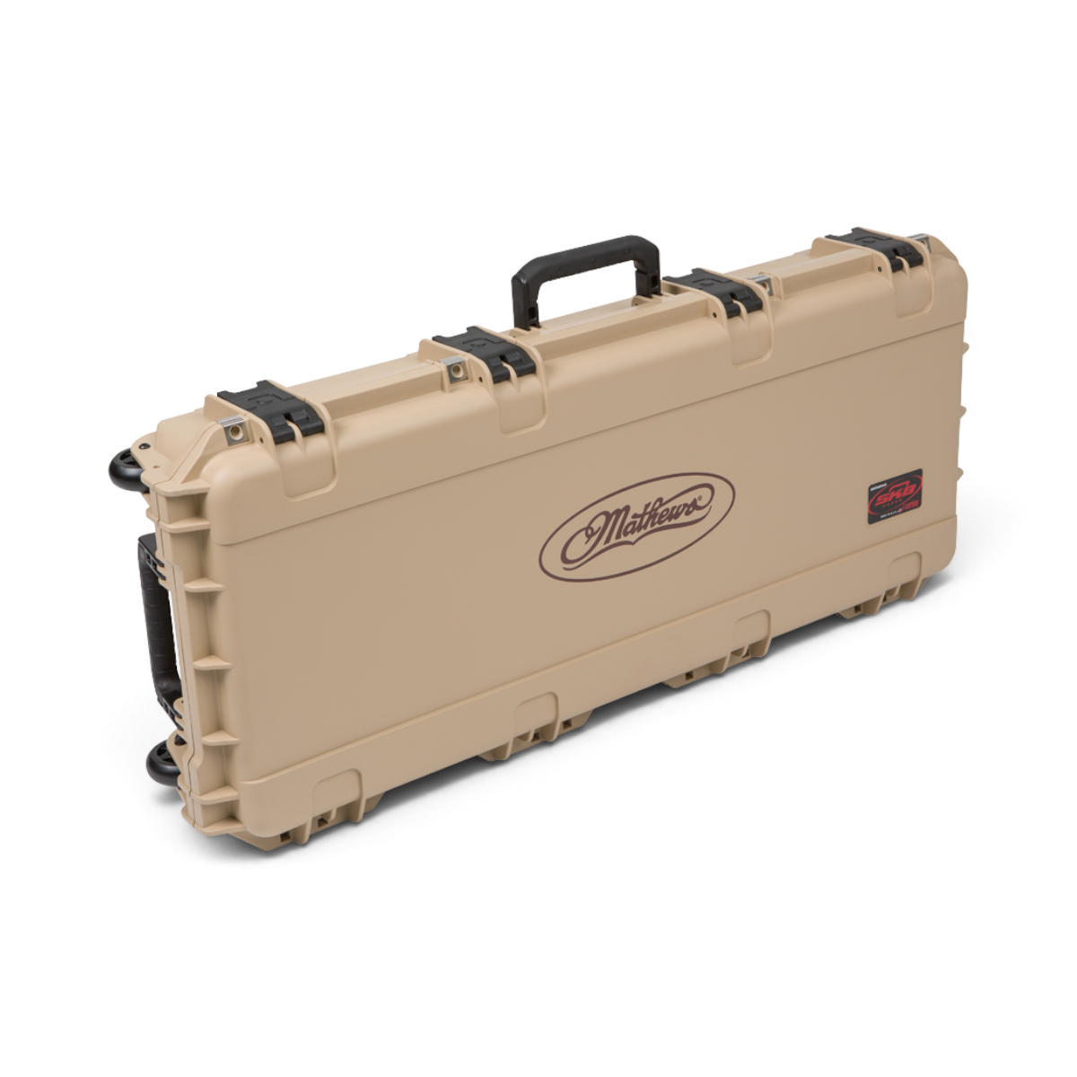 SKB Cases iSeries Mathews tan injection molded waterproof bow case with secure trigger latches and carry handle.