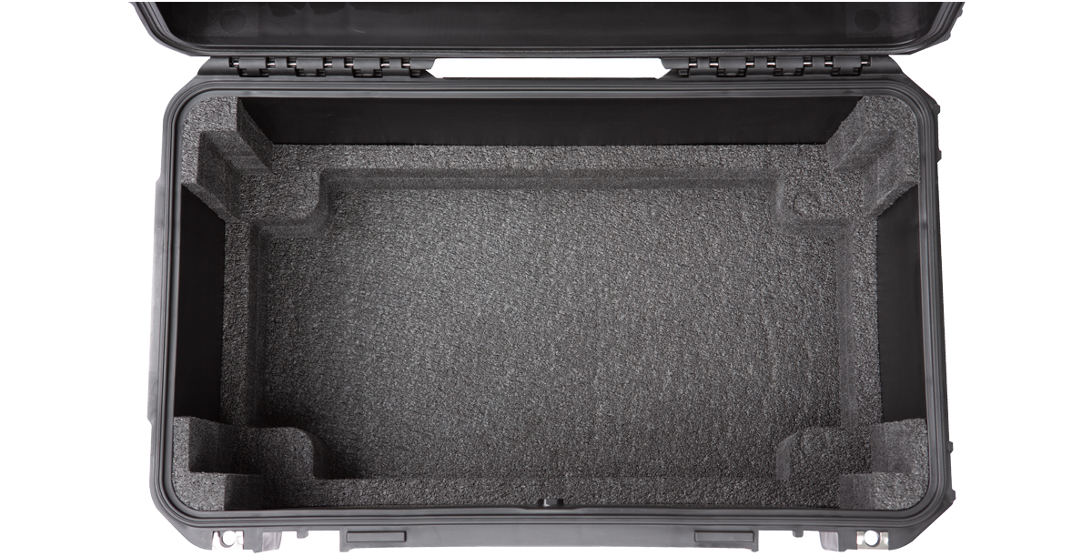 Top-down view of empty Injection Molded Fly Rack with foam padding, designed for safe transport of sensitive gear.