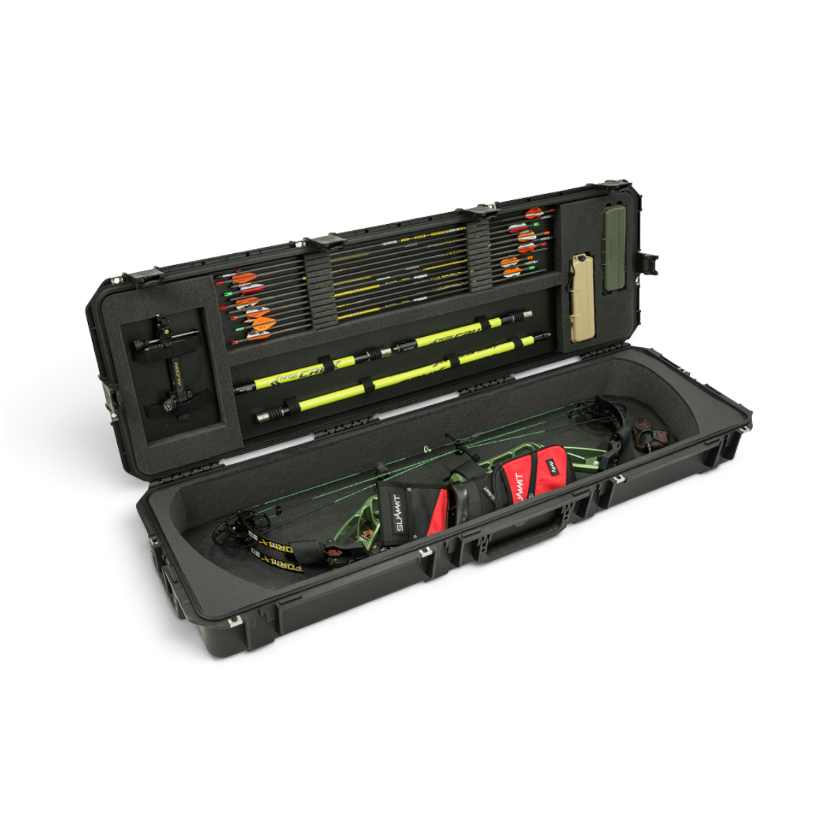 SKB Cases iSeries 5014-6 waterproof bow case with foam interior, holding a compound bow, arrows, and accessories.