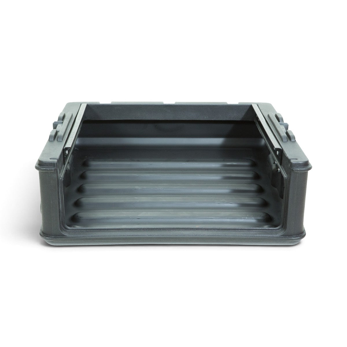 Empty 10U Mixer Rack Case with steel threaded rails, designed for secure mounting of pro audio mixers like the Allen & Heath Qu-16.