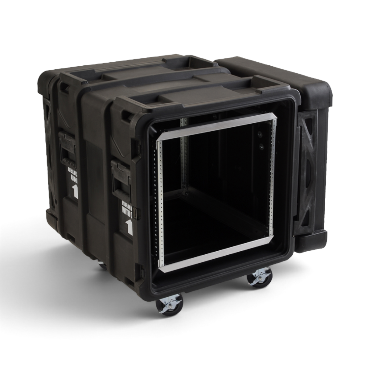 Side view of open 24-Inch Shock Rack Case showing internal mounting rails and durable shell for secure rackmount storage and transport.