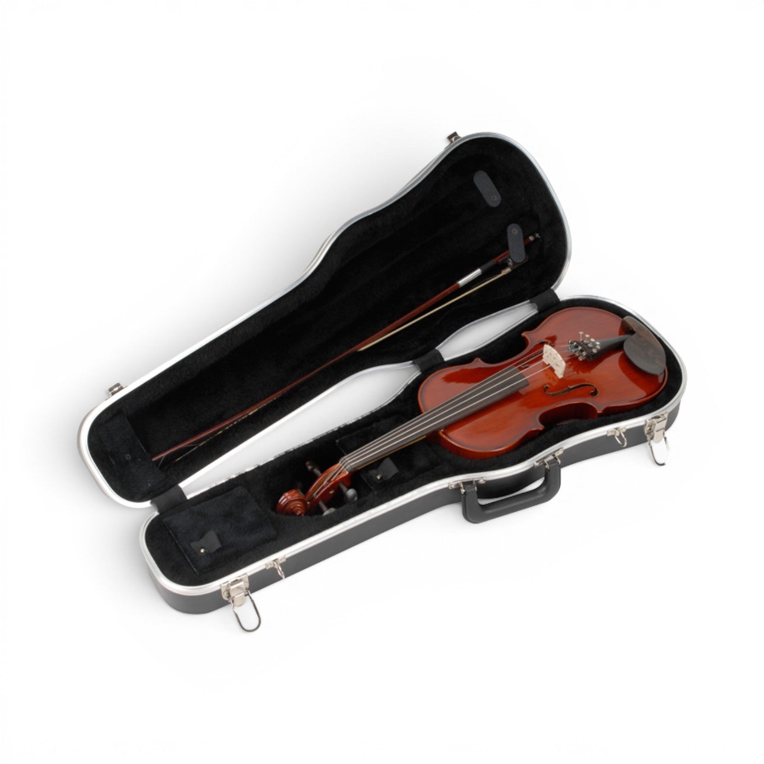 Open Violin Viola Deluxe Case showing 3/4 violin and bow inside plush interior. Features bow holders and D-ring strap for convenience.