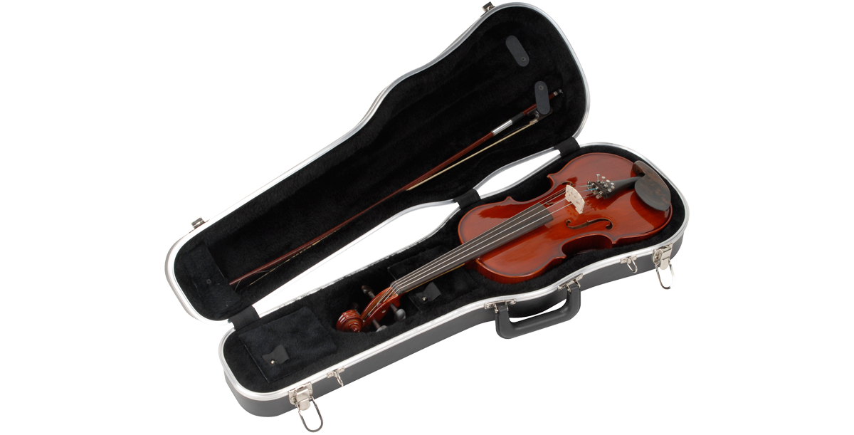 Open Violin Viola Deluxe Case showing 3/4 violin and bow inside plush interior. Features bow holders and D-ring strap for convenience.