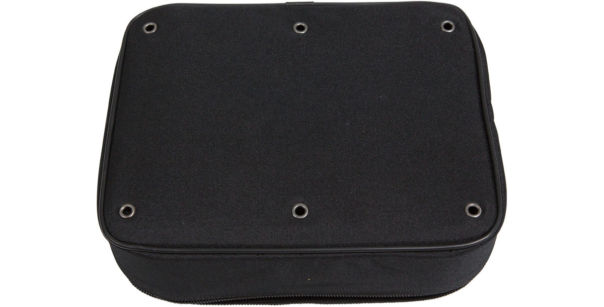 Bottom view of Caster Accessory Bag showing reinforced base with mounting holes for secure attachment to SKB Shockracks.