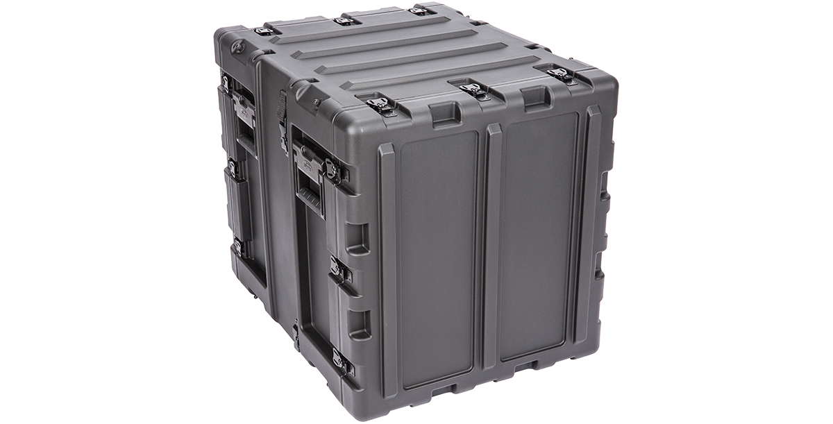 Closed 11U 20-inch Shock Rack Case with rugged black exterior and multiple latches for secure and watertight electronic equipment storage.