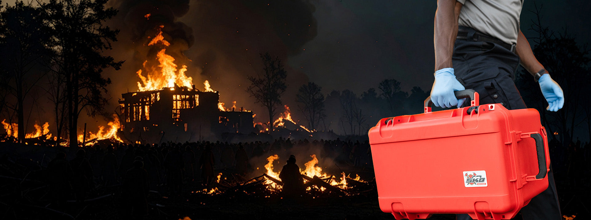 Person holding a red toolbox with a backdrop of a forest fire