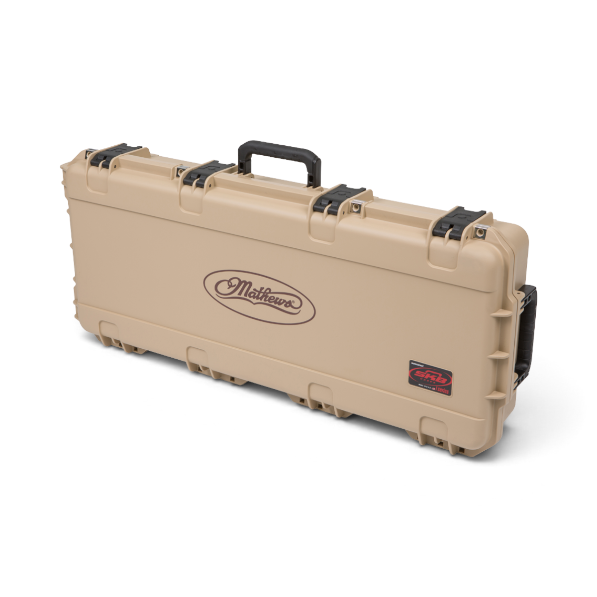 SKB Cases iSeries Mathews tan injection molded bow case with black latches and handle on a white background