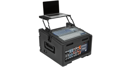 Rolling compact rig with 10U top mixer and 4U rack, laptop tray extended, ideal for DJs and pro audio setups. Travel-ready with rugged design.