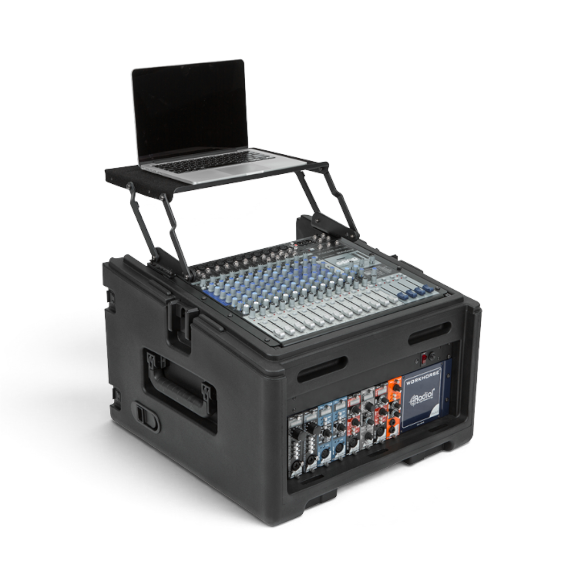 Rolling compact rig with 10U top mixer and 4U rack, laptop tray extended, ideal for DJs and pro audio setups. Travel-ready with rugged design.
