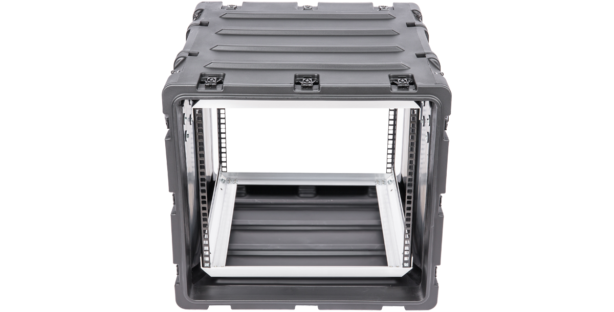 Front view of 9U Shockproof Rack Case - Secure Electronics Transport with reinforced frame for sensitive equipment protection.