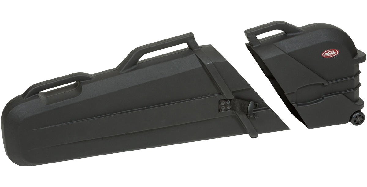 ATA Bass Case shown open with detachable lid, showcasing interior space for bass guitar and accessories, built for safe travel.