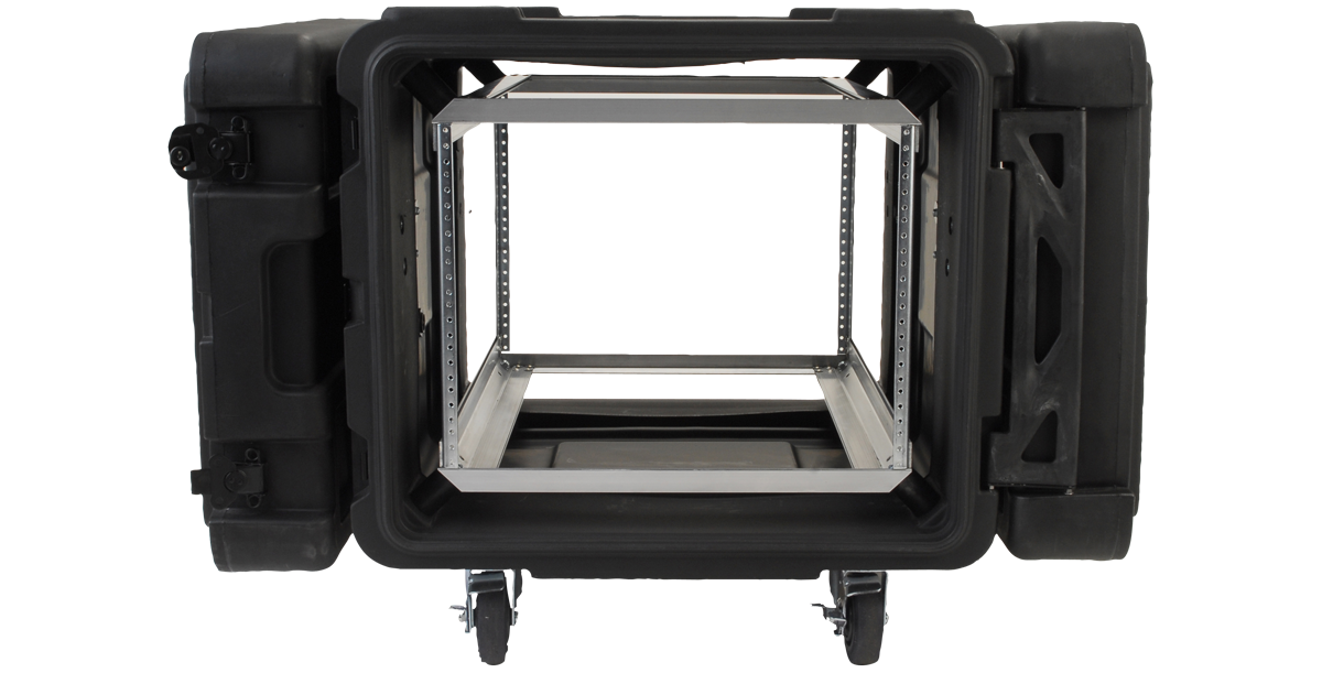 Front view of 8U 24-inch Shock Rack - Roto Shock Case with open lid, showing internal 11-gauge rack rails and shock-absorbing frame for IT gear.