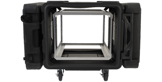 Front view of 8U 24-inch Shock Rack - Roto Shock Case with open lid, showing internal 11-gauge rack rails and shock-absorbing frame for IT gear.