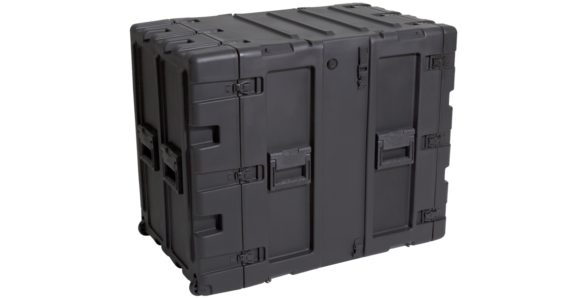 Side angle of 14U Shock Rack Transport Case showing durable construction and ergonomic handles for mobility.