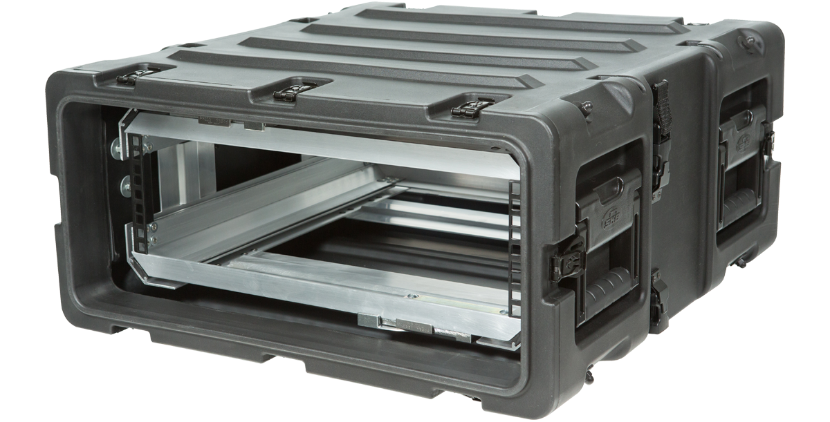 Angled view of 20 Inch Shock Rack - 3U RR Series showcasing durable black exterior and reinforced corners for heavy-duty use.