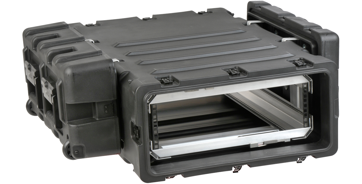 Open view of SKB 3U 30-inch Shock Rack Case showing internal rack rails and shock-absorbing frame for electronics protection.