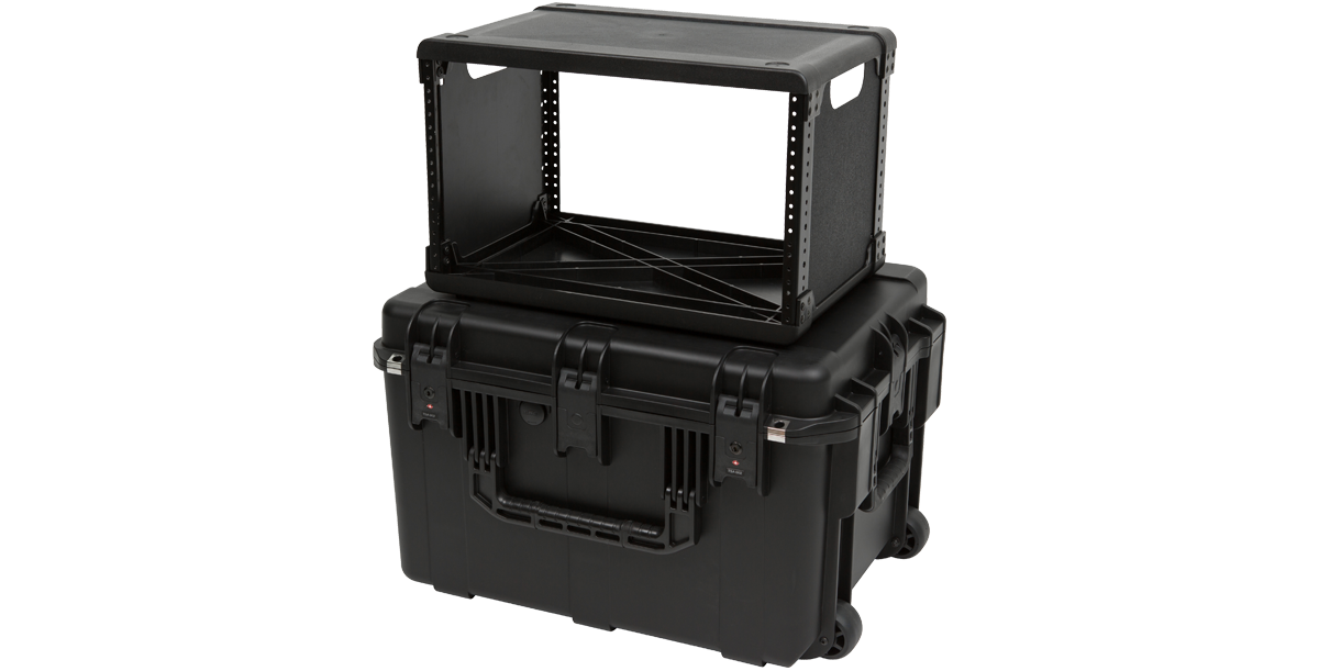 iSeries Injection Molded Fly Rack - Lightweight, Durable 6U rack case with removable rack frame placed on top of rugged rolling case for easy transport.