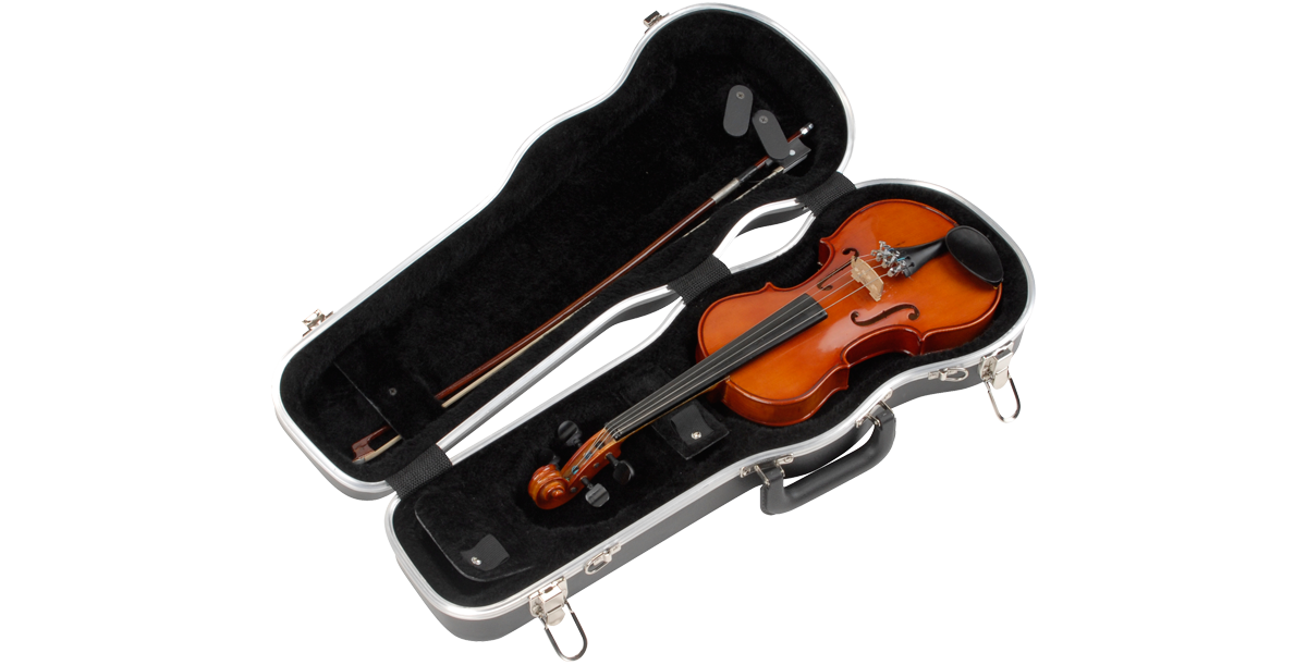 1/4 Violin Case - Deluxe Protection with plush interior, fits violin and two bows. Includes D-rings for shoulder strap and accessory storage.