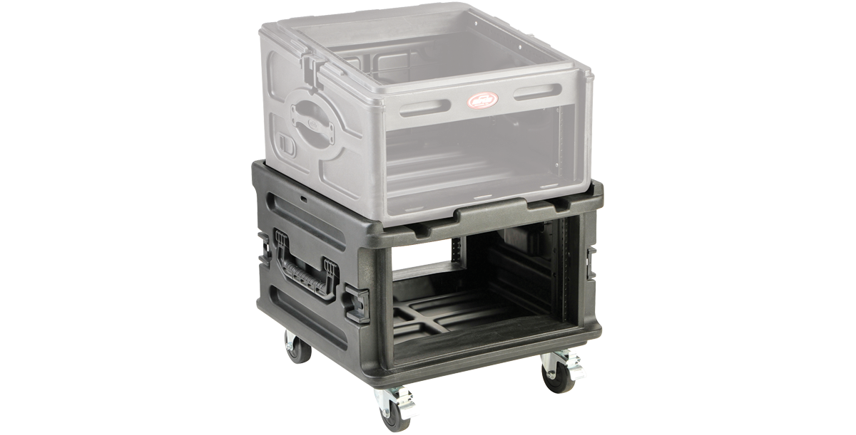 Expandable Roto Molded Rack Case stacked with compatible unit, ideal for adding space to 1SKB-R102/R104/R106 models in home or pro setups.