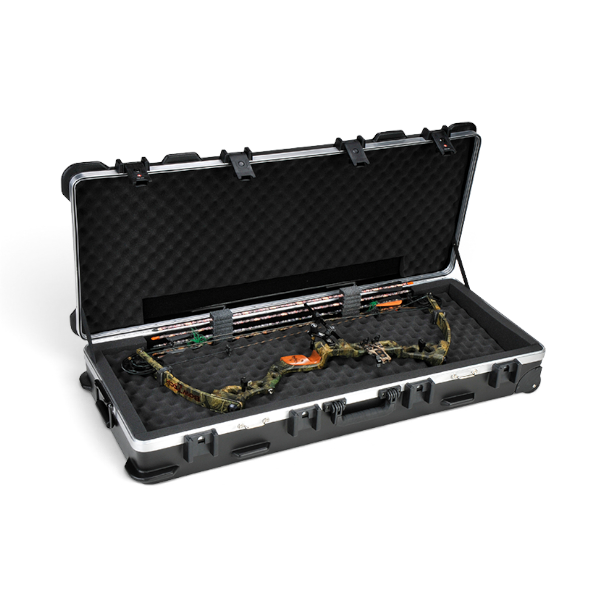 SKB Cases ATA double bow case in black with foam interior holding a camouflage compound bow and arrows