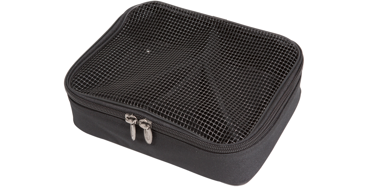 Angled view of closed Caster Accessory Bag with mesh top and zipper, perfect for SKB Shockrack wheel storage.