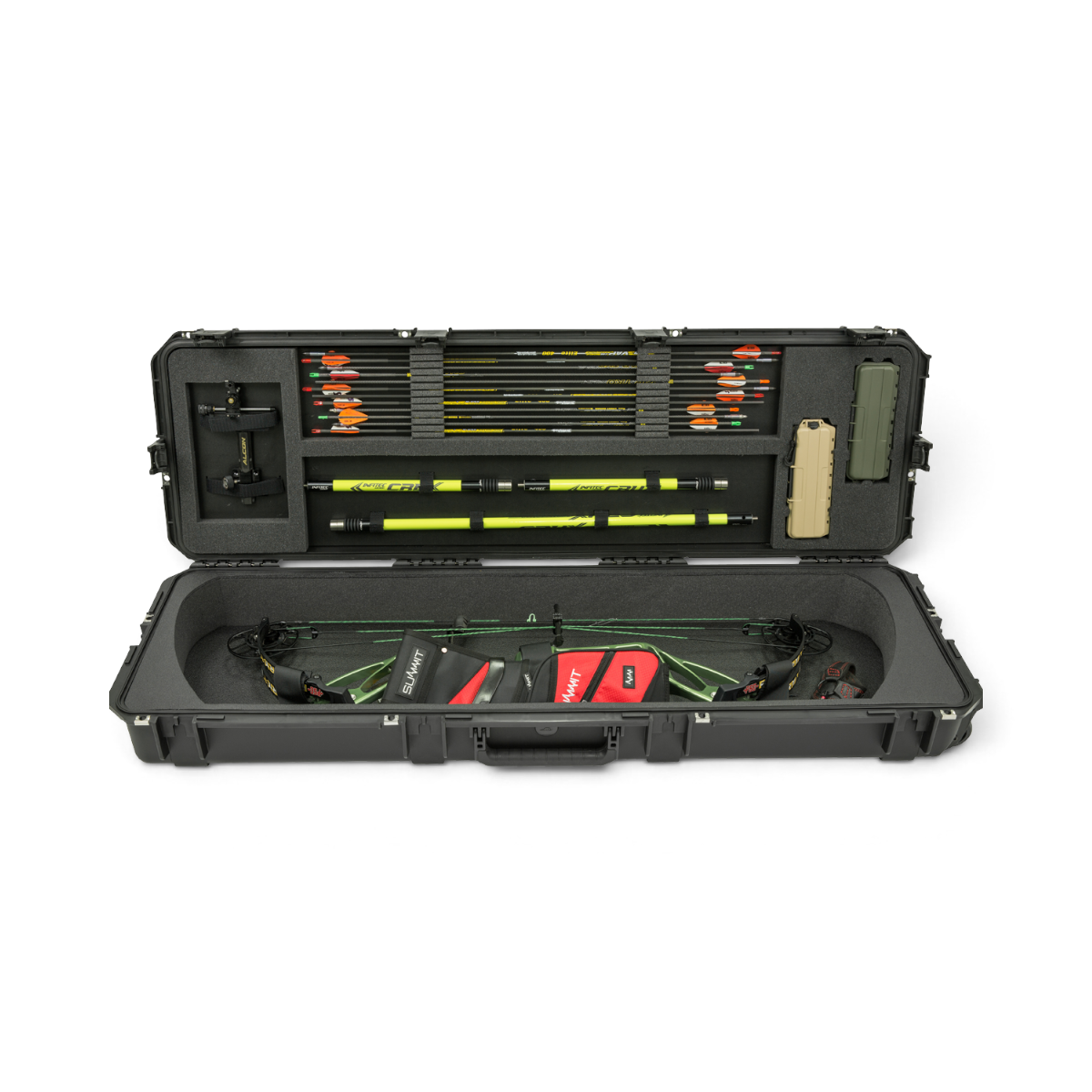 SKB Cases iSeries 5014-6 waterproof bow case open with Mathews bow, arrows, and accessories stored in foam interior