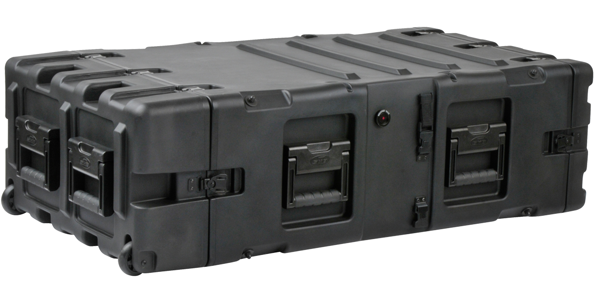 Closed SKB 4U RR Series 30-inch Deep Shock Rack with durable black exterior and multiple handles for transport and protection.