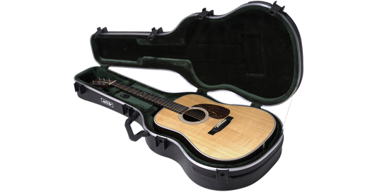Acoustic Guitar Case - Dreadnought & 12-String with plush interior and TSA-approved locks, securely holding a dreadnought guitar inside.