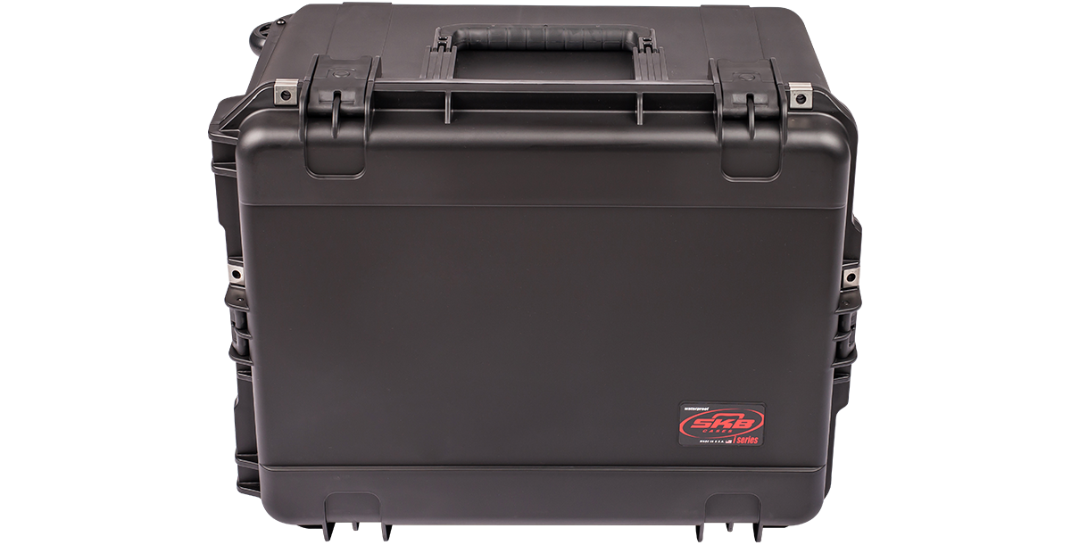 Back view of iSeries 2217-12 Case - High-Strength Waterproof with SKB logo and dual wheels for easy transport and storage.