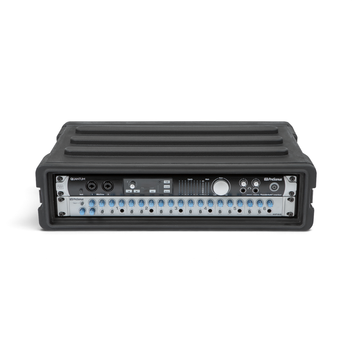2U rSeries SKB Shallow Rack - Strong & Durable rack with mounted audio interface, ideal for secure pro-audio equipment setup in compact spaces.