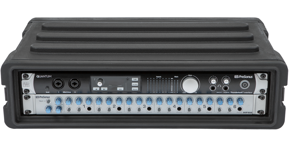 2U rSeries SKB Shallow Rack - Strong & Durable rack with mounted audio interface, ideal for secure pro-audio equipment setup in compact spaces.